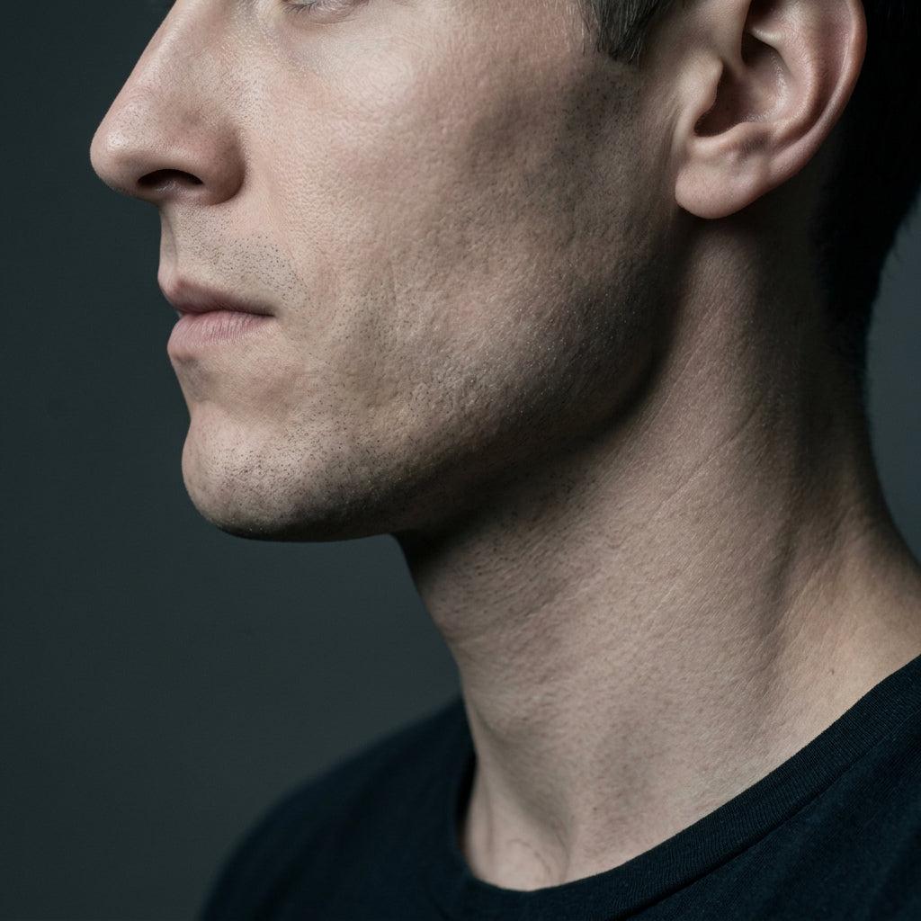 Close side profile of a man's lower face and neck, showing the jaw angle and masseter muscle