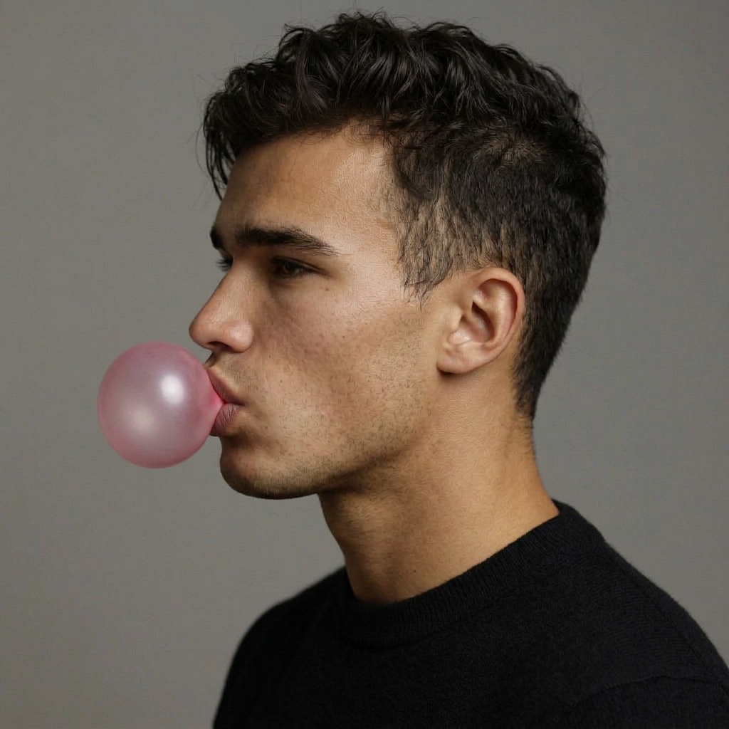 Man chewing bubble jawline gum to strengthen jawline