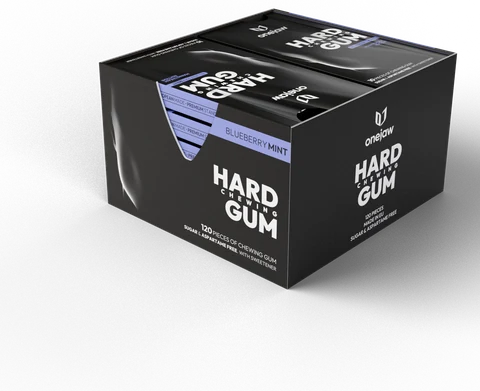 ONEJAW Hard Chewing Gum, Blueberry Mint display of twelve packs