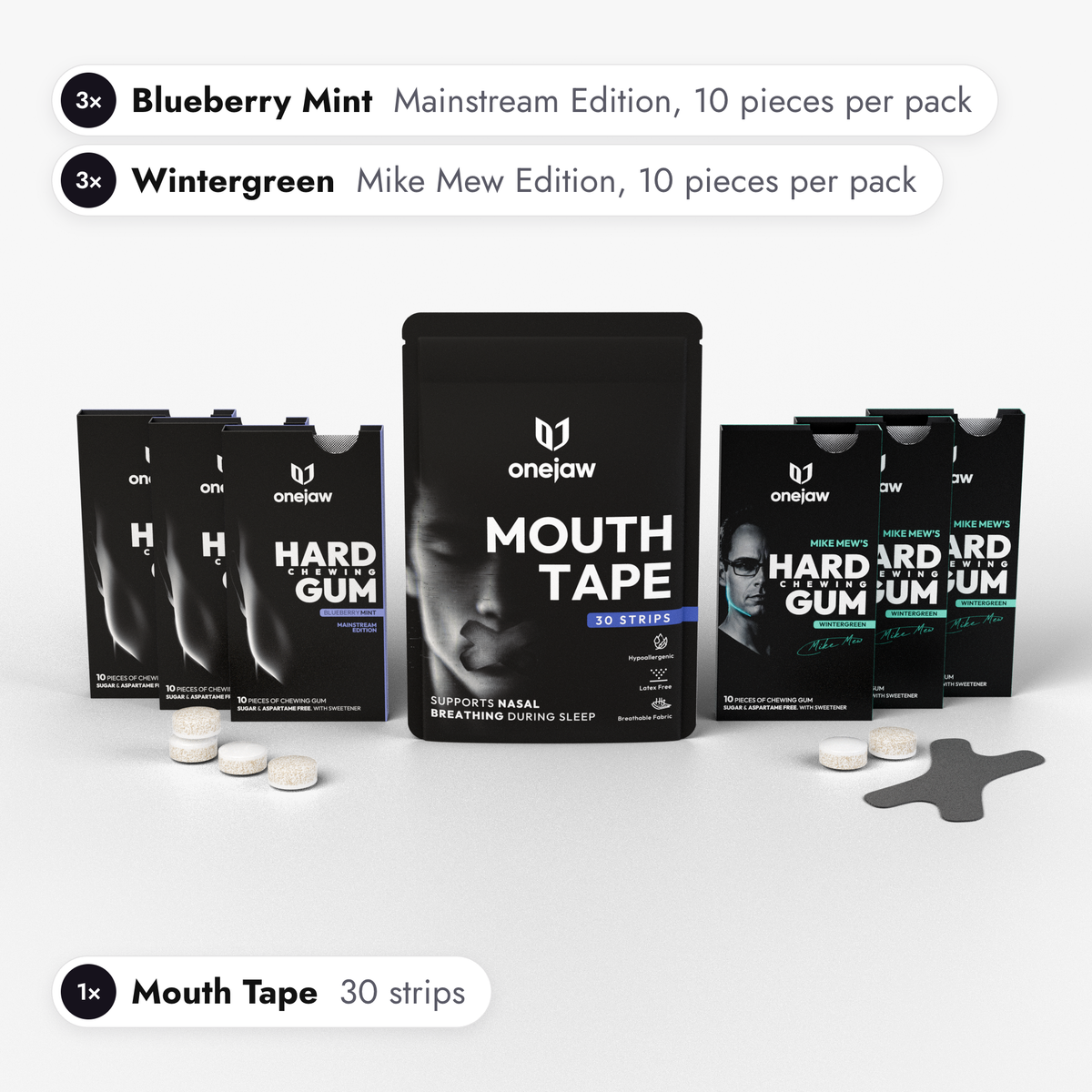 Discovery Pack, what is inside: three Blueberry Mint packs, three Wintergreen packs and one mouth tape pouch