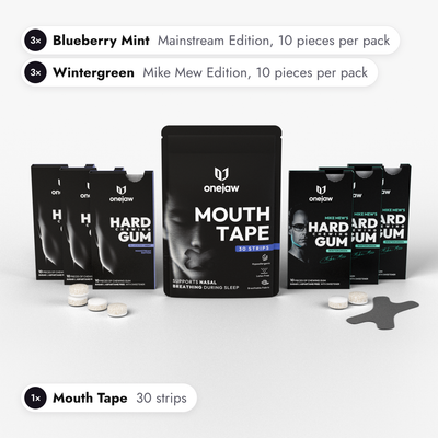 Discovery Pack, what is inside: three Blueberry Mint packs, three Wintergreen packs and one mouth tape pouch
