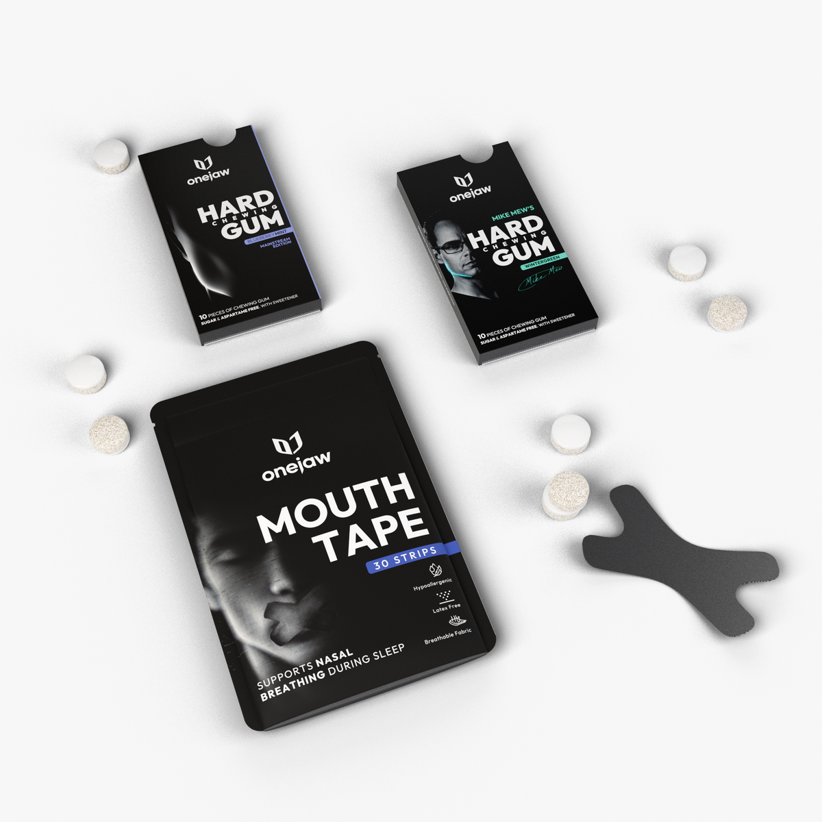 Discovery Pack flat lay: a Blueberry Mint pack, a Wintergreen pack, the mouth tape pouch, a strip and gum pieces