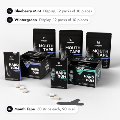 Expert Pack, what is inside: a Blueberry Mint display, a Wintergreen display and three mouth tape pouches