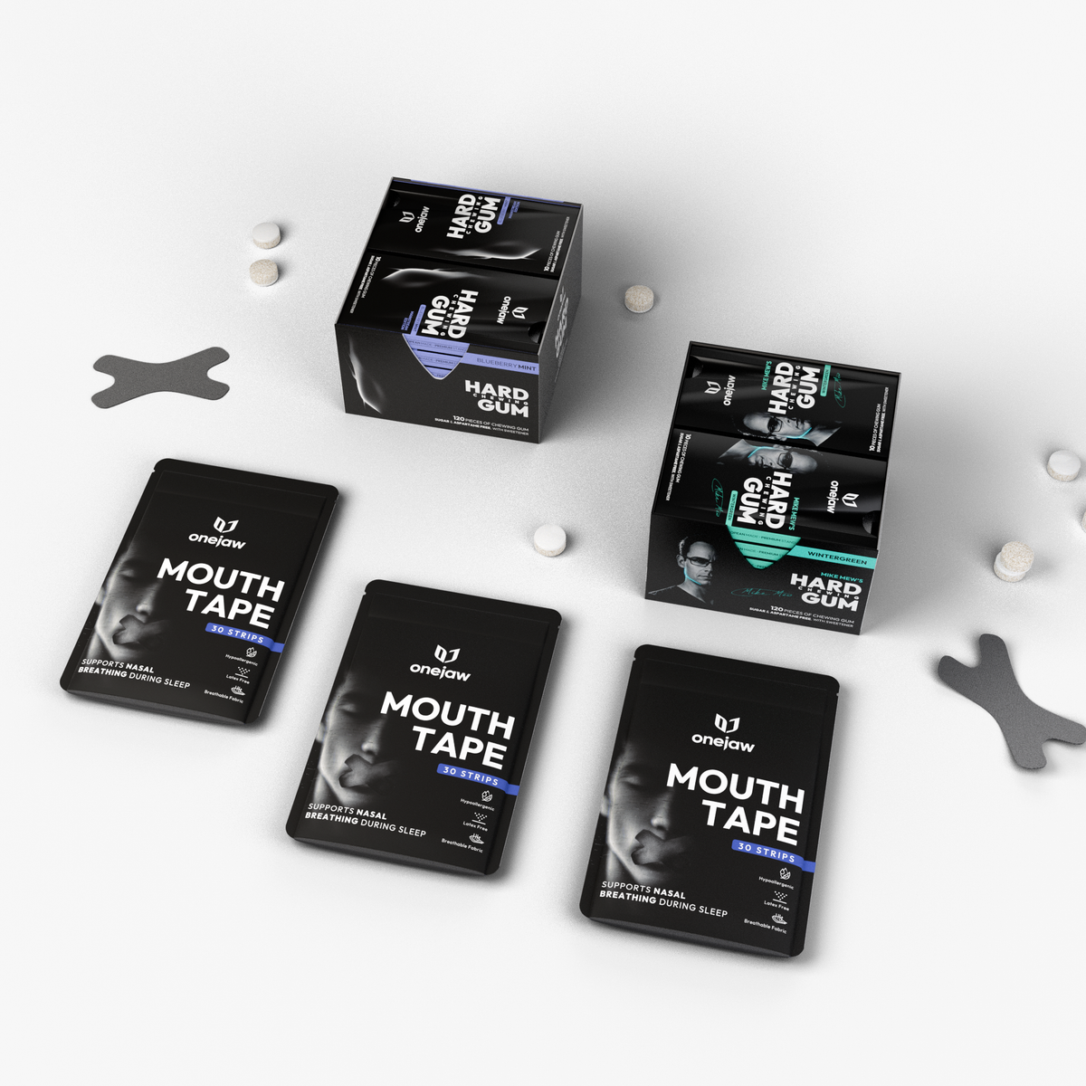 Expert Pack flat lay: both displays, three mouth tape pouches, strips and gum pieces