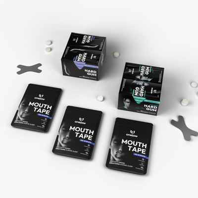 Expert Pack flat lay: both displays, three mouth tape pouches, strips and gum pieces