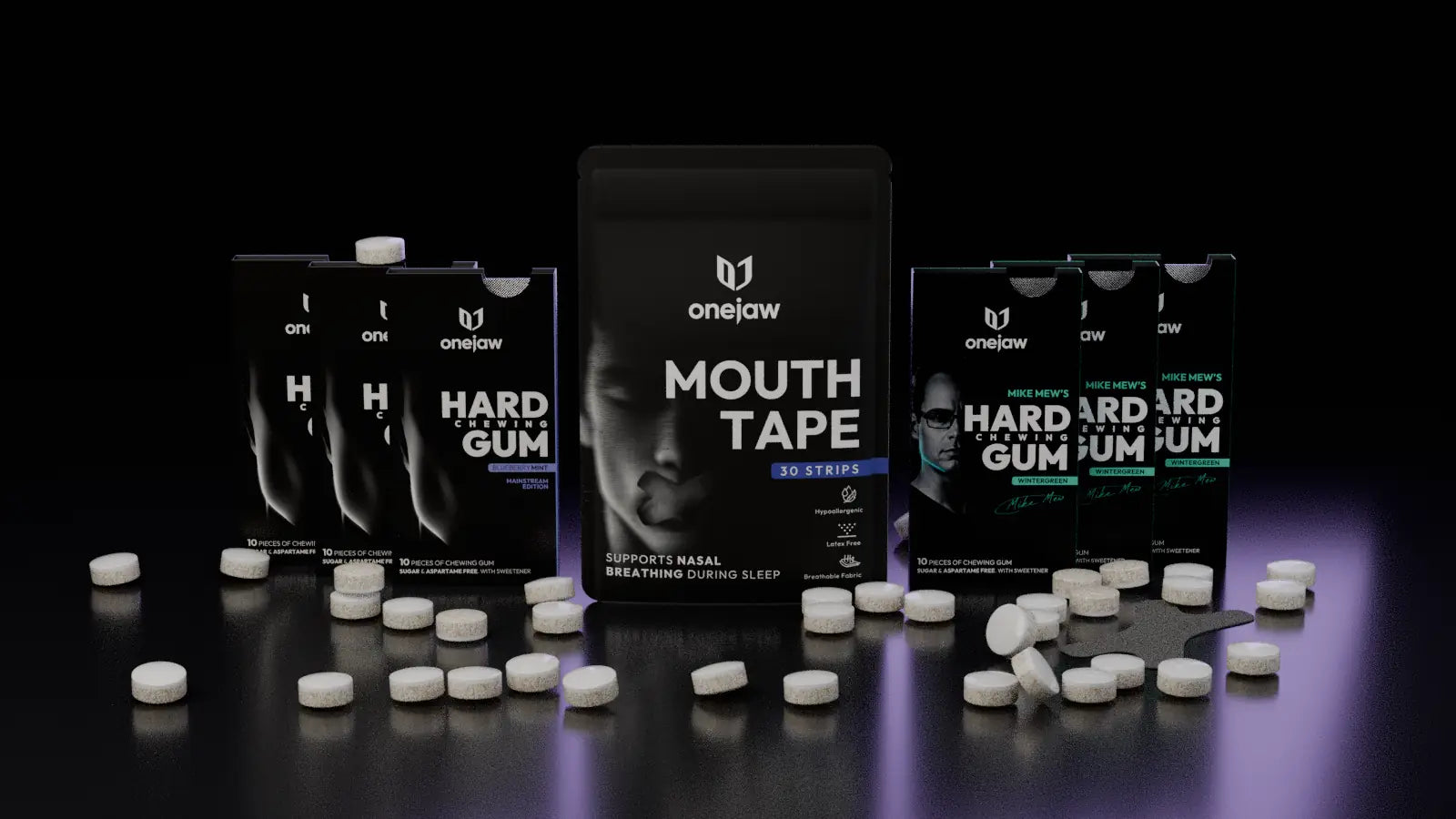 ONEJAW packs and mouth tape pouch on a dark stage, gum pieces landing around them